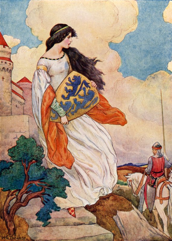 Prinsessa Iseult ja Sir Tristram of Lyonessen kilpi (värilitografia). tekijältä Harry George Theaker