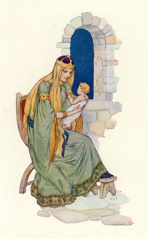 Kuningatar ja pikku Lancelot (värilitografia) tekijältä Harry George Theaker