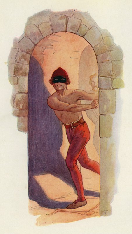 Ensimmäinen heistä oli vyötäröstä ylöspäin paljaana, ja hänellä oli musta naamio (värilitografia). tekijältä Harry George Theaker