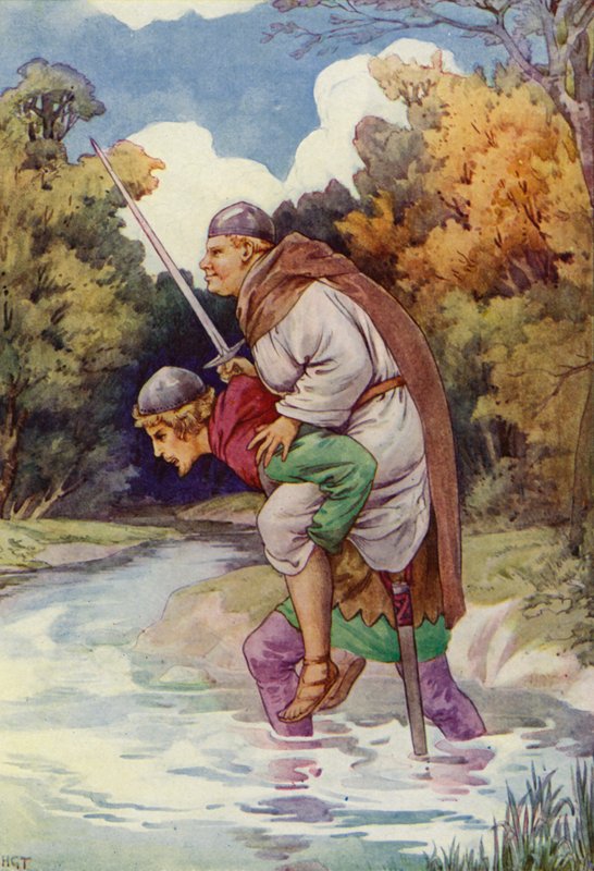 Munkki sai hänet murisemaan suurella painollaan (värilitografia). tekijältä Harry George Theaker