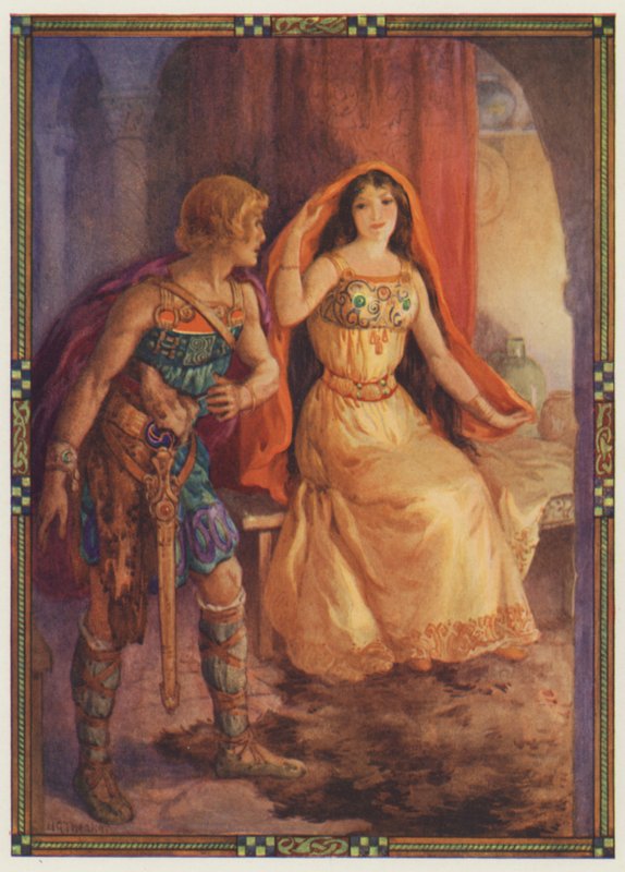 "Rouva paljasti kasvonsa", The Loathly Lady and the Gallant Knight (värilitografia) tekijältä Harry George Theaker