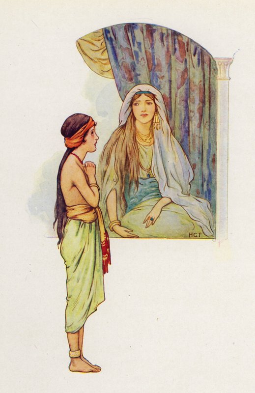 Pieni vangittu piika kertoi emännälleen, että Samariassa oli profeetta, joka parantaisi Naamanin spitaalista (väriliitokuva). tekijältä Harry George Theaker