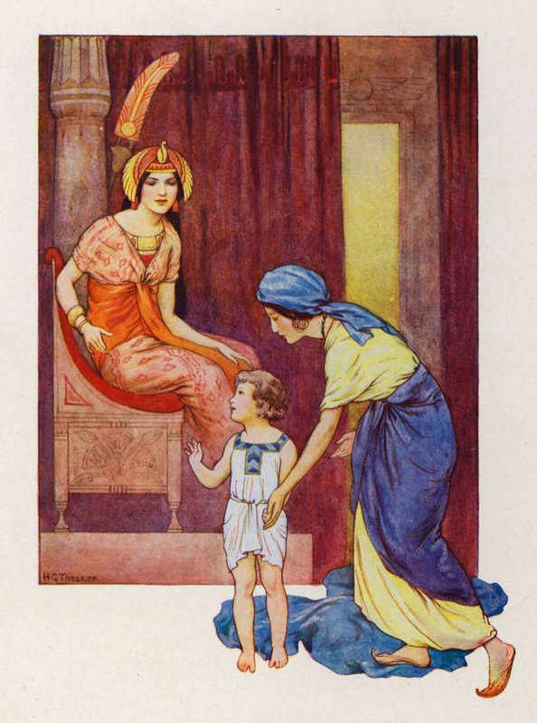 Mooseksen äiti vei hänet prinsessan luo (värilitografia). tekijältä Harry George Theaker