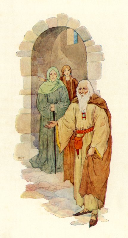 Vanha mies kutsui ritarin raunioituneeseen palatsiin (värilitografia). tekijältä Harry George Theaker