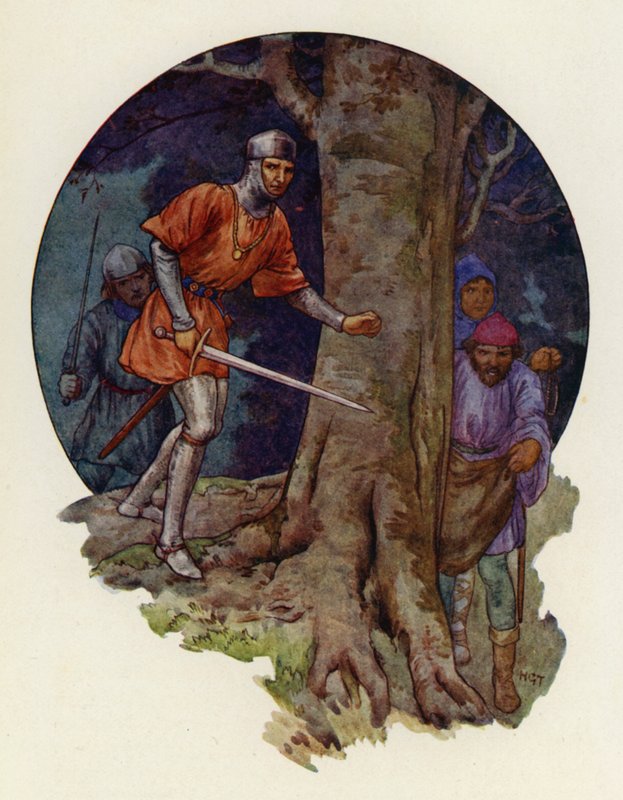"Vihdoinkin lainsuojattomat!", sheriffi huusi ja juoksi miekka kädessään sinne, minne hahmot olivat kadonneet (värilitografia). tekijältä Harry George Theaker
