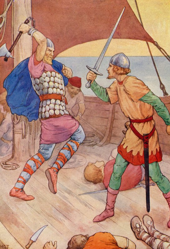 Merirosvopäällikkö hyppäsi Robinin kimppuun (värilitografia). tekijältä Harry George Theaker
