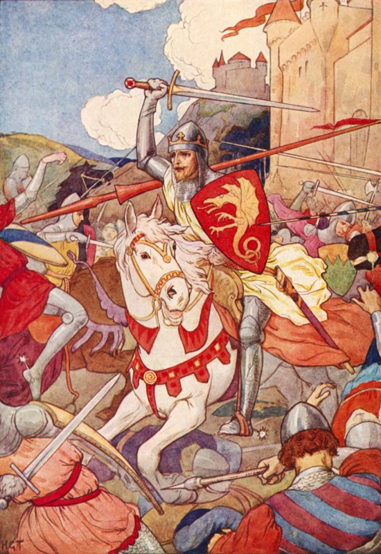 Outo ritari, jonka miekka vilkkuu (värilitografia) tekijältä Harry George Theaker