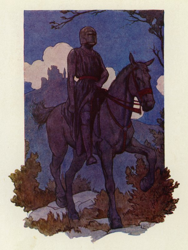 Outo ritari tuli heitä kohti, ratsastaen suurella mustalla hevosella ja aseistautuneena kokonaan mustaan (väriliitossa). tekijältä Harry George Theaker