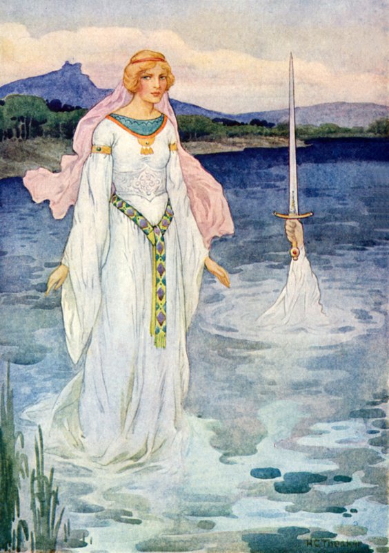 Miekka ja järven neito (värilitografia) tekijältä Harry George Theaker