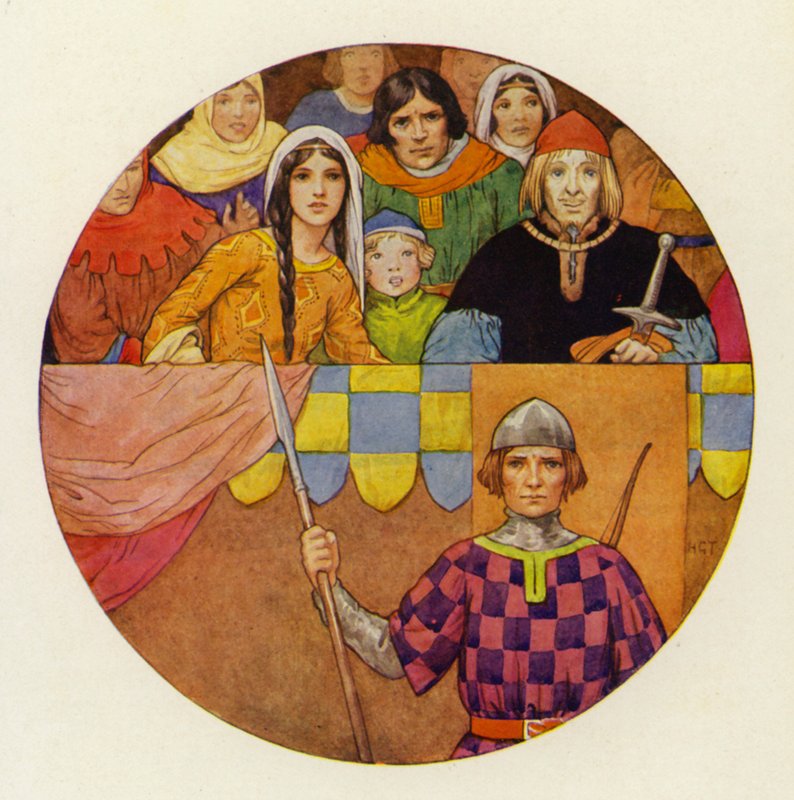Katsomossa oli loistava joukko ritareita ja naisia (värilitografia). tekijältä Harry George Theaker