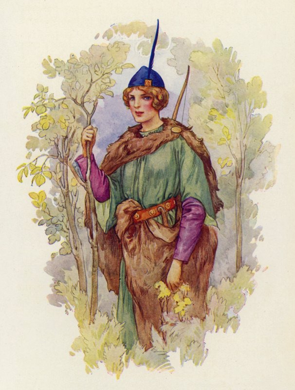 Koko Keski-Maassa ei ollut yhtä reilua ja rakastavaa vaimoa kuin Marian-neito Robin Hoodille (värilitografia). tekijältä Harry George Theaker