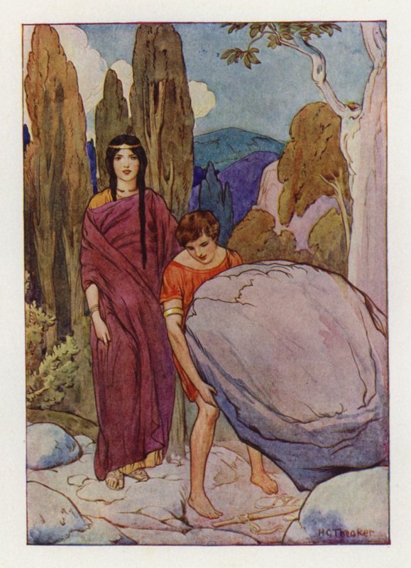 Theseus nostamassa suurta kiveä, jonka alla oli miekka ja sandaalit (värilitografia). tekijältä Harry George Theaker