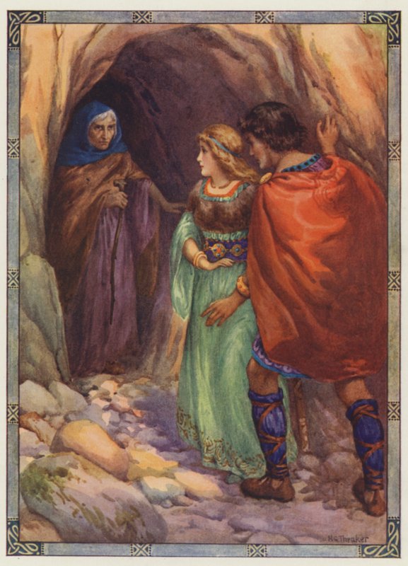 "He tulivat luolaan meren rannalla", Diarmuid ja Grania (värilitografia). tekijältä Harry George Theaker