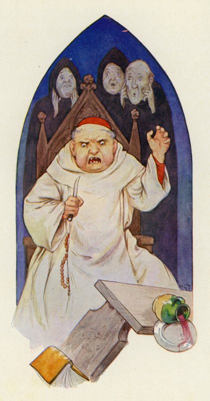 Kerrotaan, että abbedissa Hugo raivostui raivosta (värilitografia). tekijältä Harry George Theaker