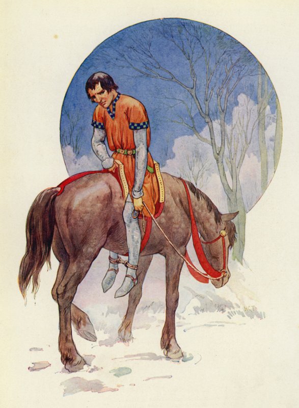 Niin Guy ratsasti pois, kasvot heitä kohti, jalat tiukasti kiinni hevosen alla (väriliitoskuva). tekijältä Harry George Theaker