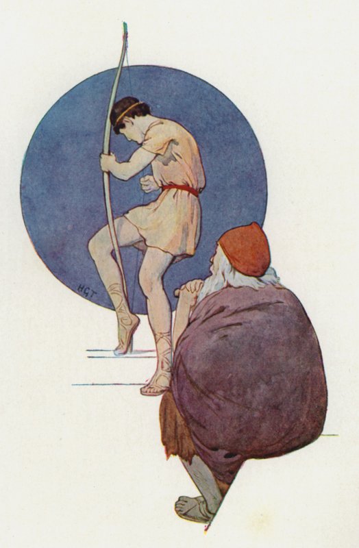 Odysseus katseli aatelisia, kun he yrittivät yksi toisensa jälkeen taivuttaa suurta jousipyssyä (värilitografia). tekijältä Harry George Theaker
