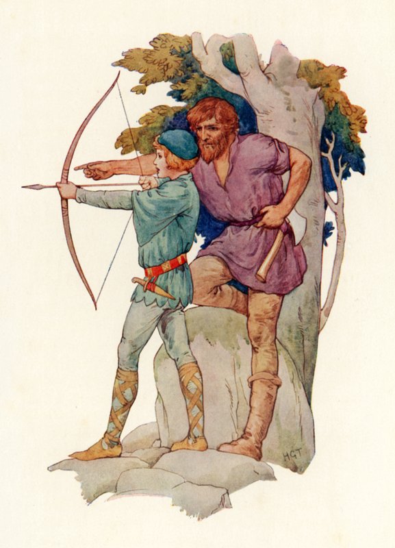 Metsämies opettaa nuorelle Lancelotille jousiammuntaa (värilitografia). tekijältä Harry George Theaker