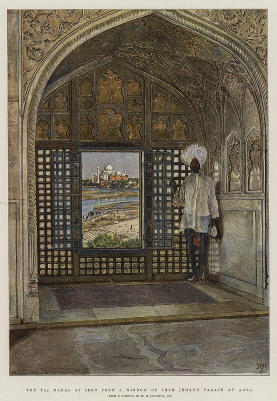 Taj Mahal nähtynä Shah Jehanin palatsin ikkunasta Agrassa tekijältä Harry Hamilton Johnston