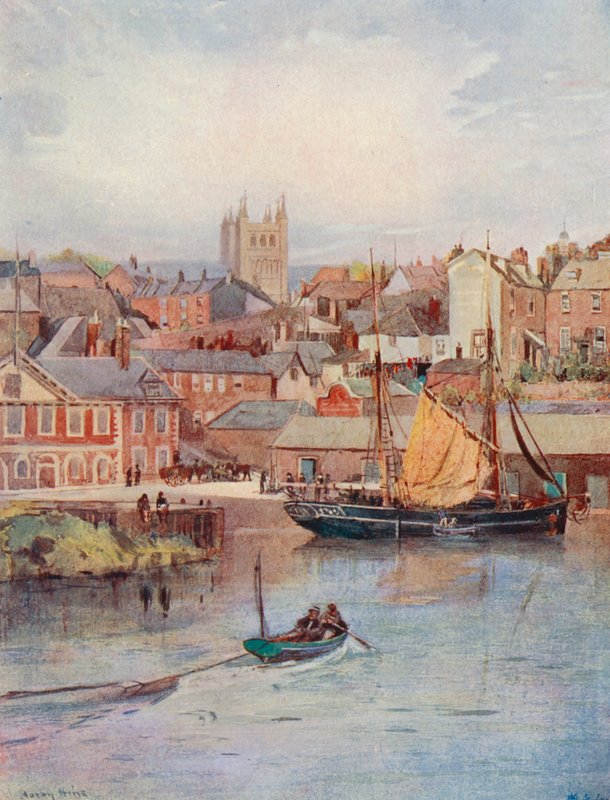The Quay, Exeter, ja katedraalin tornit (värilitografia). tekijältä Harry Hine