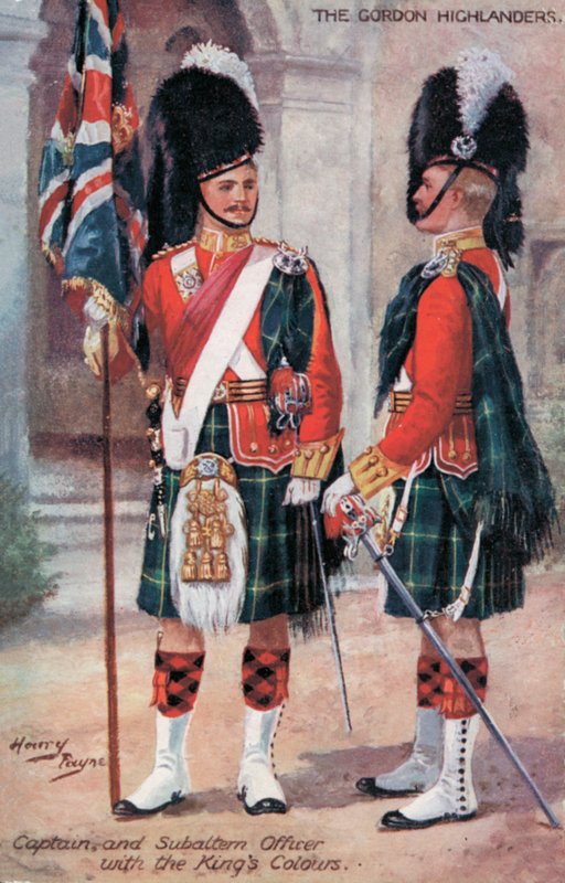 Gordon Highlanders, kapteeni ja Subaltern upseeri, Kings Colors (väri litho) kanssa tekijältä Harry Payne