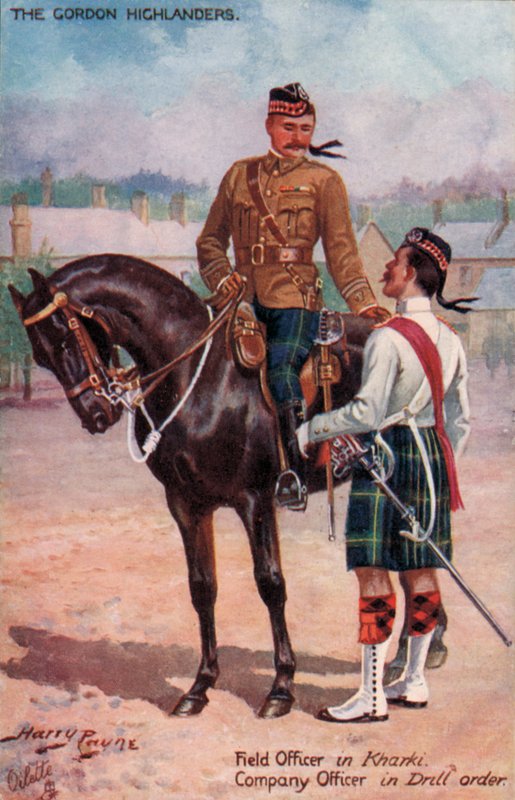 Gordon Highlanders, kenttäupseeri Kharkissa, yrityksen upseeri porausjärjestyksessä (värilitho) tekijältä Harry Payne