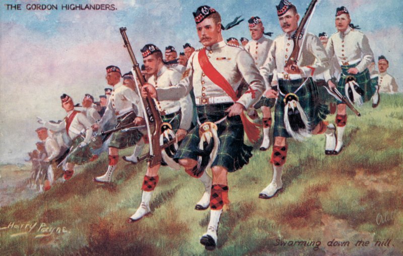 Gordon Highlanders, parvi alas mäkeä (väri litho) tekijältä Harry Payne