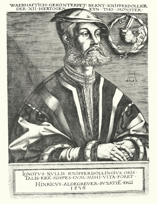 Bernhard Knipperdolling, saksalainen anabaptistijohtaja ja yksi Munsterin kapinan johtajista vuosina 1534-1535 (kaiverrus) tekijältä Heinrich (after) Aldegrever