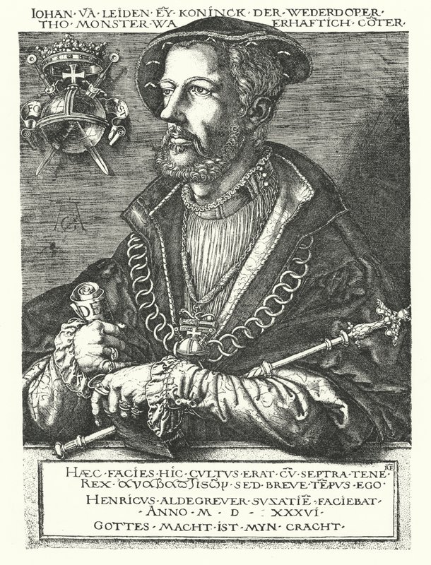 John Leiden, hollantilainen anabaptistijohtaja ja yksi Munsterin kapinan johtajista vuosina 1534-1535 (kaiverrus) tekijältä Heinrich (after) Aldegrever