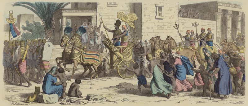 Muinainen egyptiläinen faarao lähdössä sotaan (värinen kaiverrus) tekijältä Heinrich Leutemann