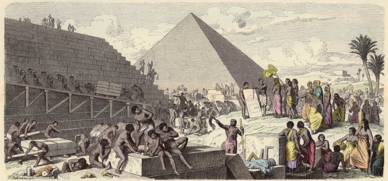 Pyramidien rakentaminen muinaisessa Egyptissä (värillinen kaiverrus) tekijältä Heinrich Leutemann