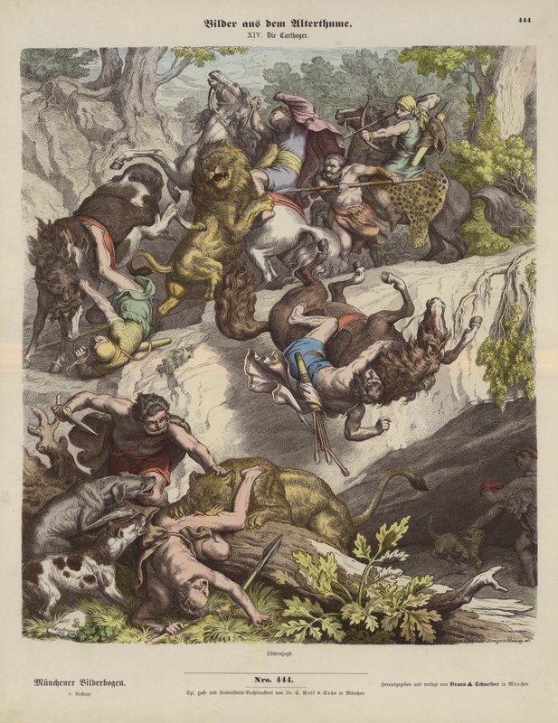 Karthagolainen leijonanmetsästys (värillinen kaiverrus) tekijältä Heinrich Leutemann