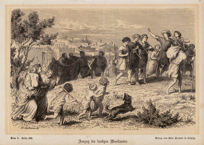 Roomalaisen muusikkoryhmän lähtö (kaiverrus) (kaiverrus) tekijältä Heinrich Leutemann