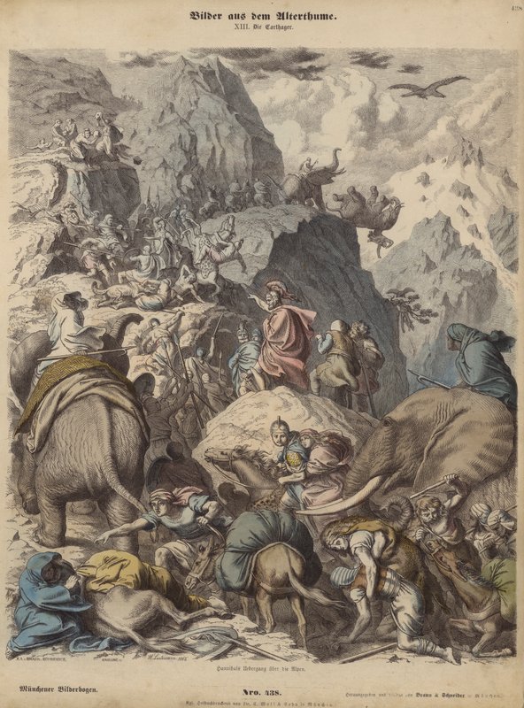 Hannibal johtaa Karthagin armeijaa Alppien yli (värillinen kaiverrus) tekijältä Heinrich Leutemann