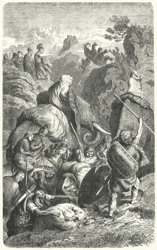 Hannibalin Alppien ylitys, 218 eKr. (kaiverrus) tekijältä Heinrich Leutemann