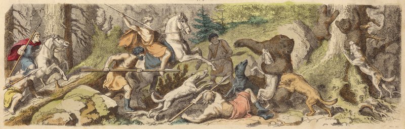 Karhujen metsästys antiikin Kreikassa (värillinen kaiverrus) tekijältä Heinrich Leutemann