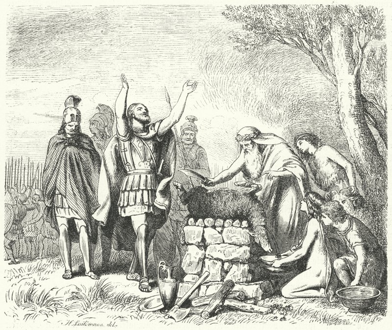 Pausanias uhraamassa jumalille ennen Plataean taistelua, 479 eKr. (kaiverrus) tekijältä Heinrich Leutemann