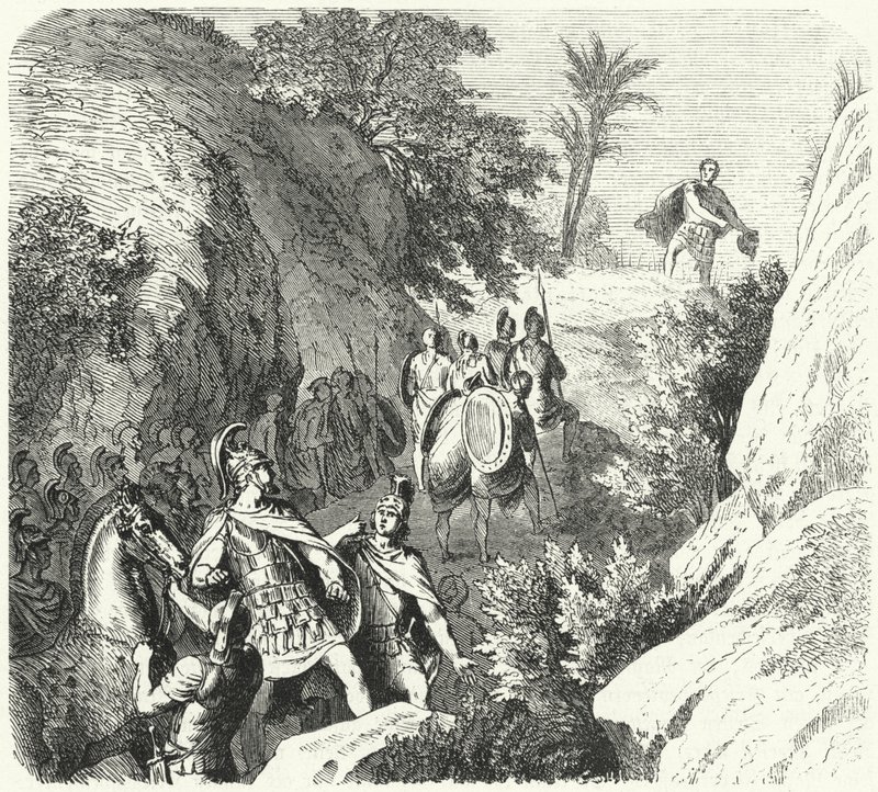 Makedonian Perseus marssilla Thessalian rotkojen läpi (kaiverrus) tekijältä Heinrich Leutemann