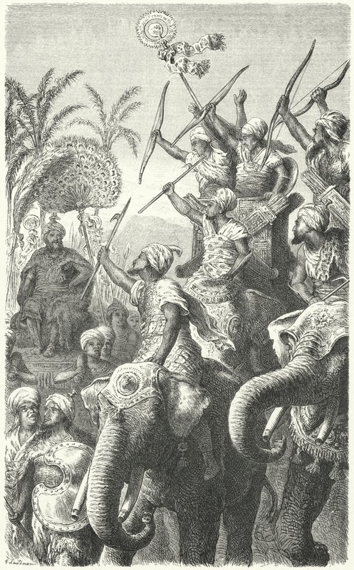 Porus, Pauravien kuningas, arvioi sotanorsujaan (kaiverrus) tekijältä Heinrich Leutemann