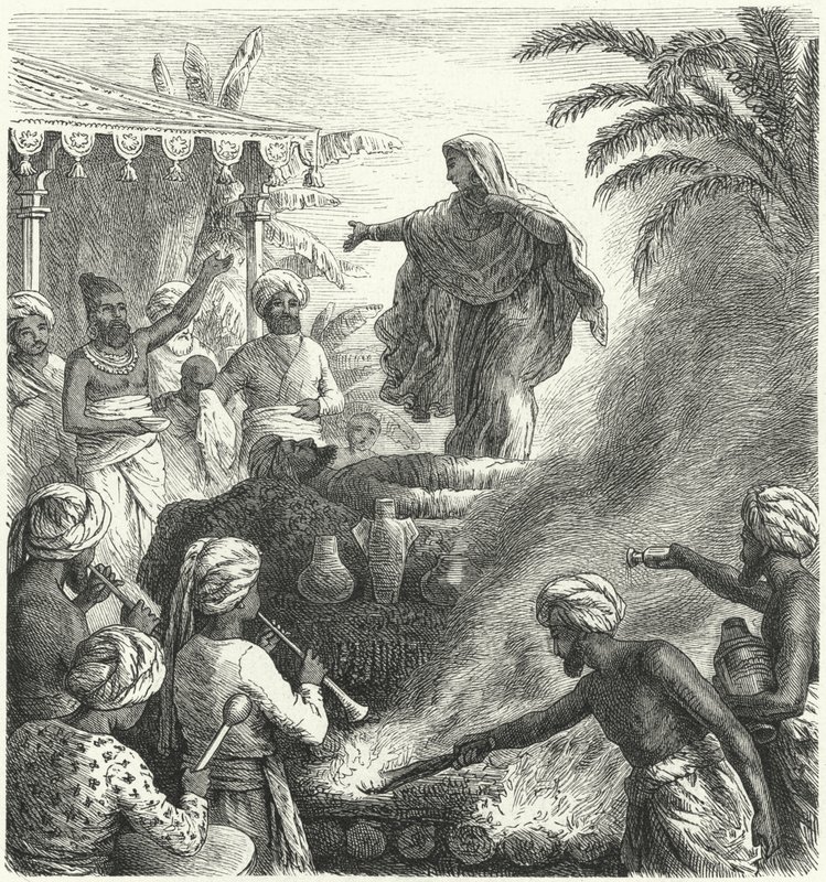 Suttee, hindujen hautajaiset (kaiverrus) tekijältä Heinrich Leutemann