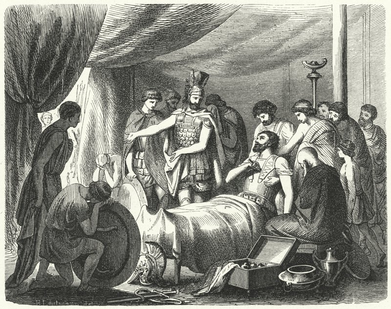 Epaminondaksen kuolema, 362 eKr. (kaiverrus) tekijältä Heinrich Leutemann