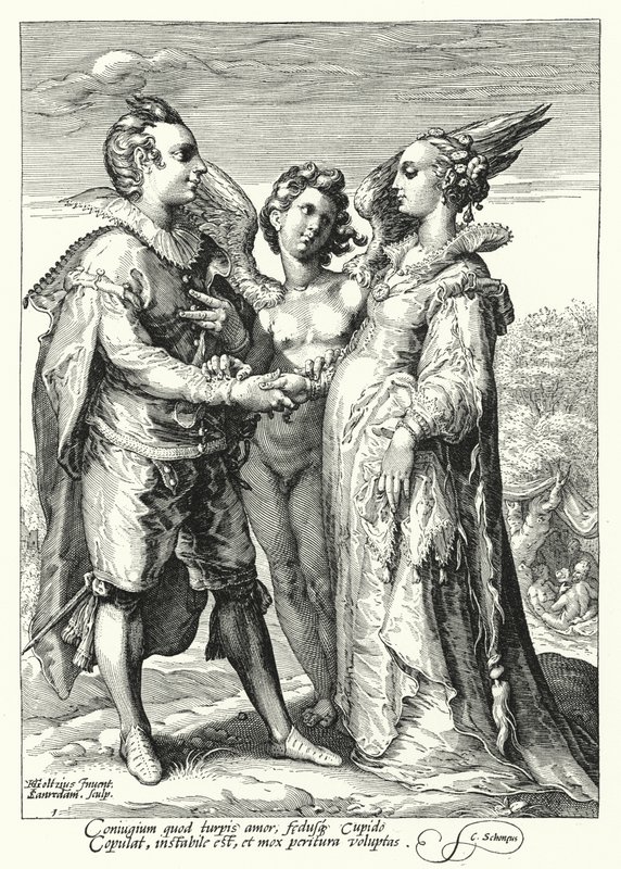 Avioliitto rakkaudesta, virkamies Cupid (kaiverrus) tekijältä Hendrik (after) Goltzius