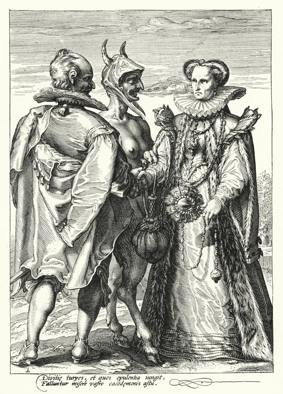 Saatanan järjestämä avioliitto varallisuuden puolesta (kaiverrus) tekijältä Hendrik (after) Goltzius
