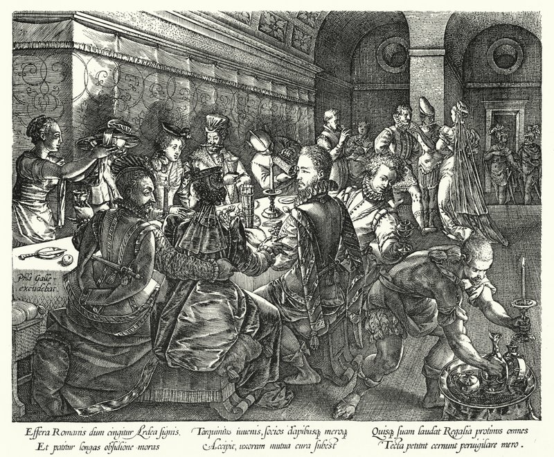Juhla Tarquiniusin talossa (kaiverrus) tekijältä Hendrik (after) Goltzius