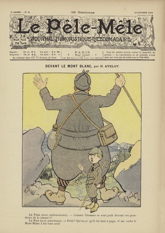 Mont Blancin edessä. Le Pele-Mele -lehden kuvitus, 1902 tekijältä Henri Avelot