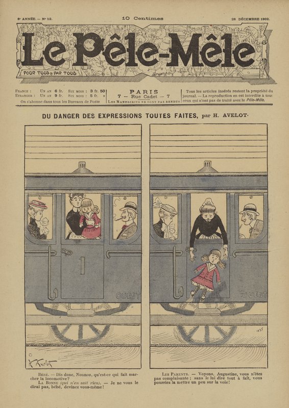 Valmiiden ilmaisujen vaarasta. Kuvitus Le Pele-Melestä, 1902 tekijältä Henri Avelot