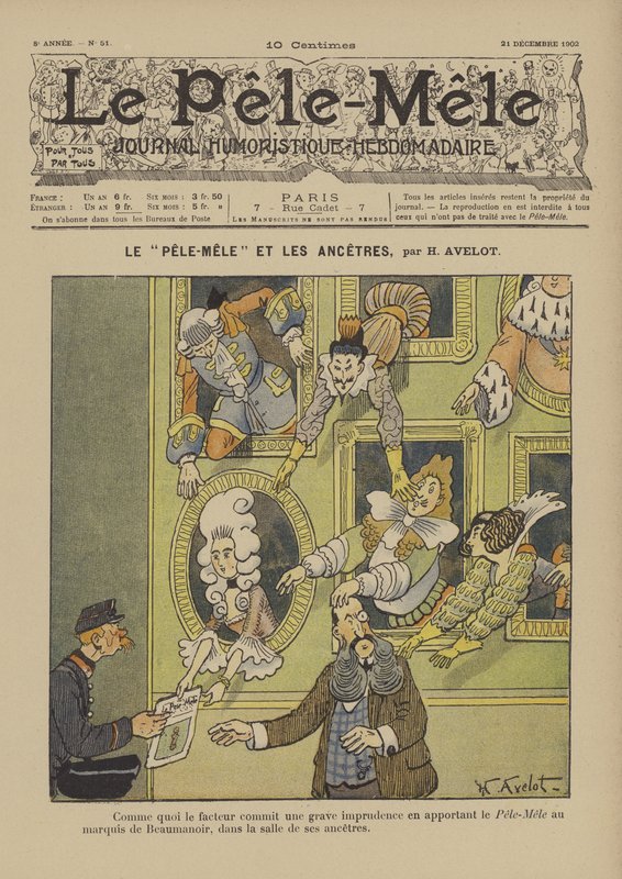 Pele-Mele ja esi-isät. Le Pele-Mele -lehden kuvitus, 1902 tekijältä Henri Avelot