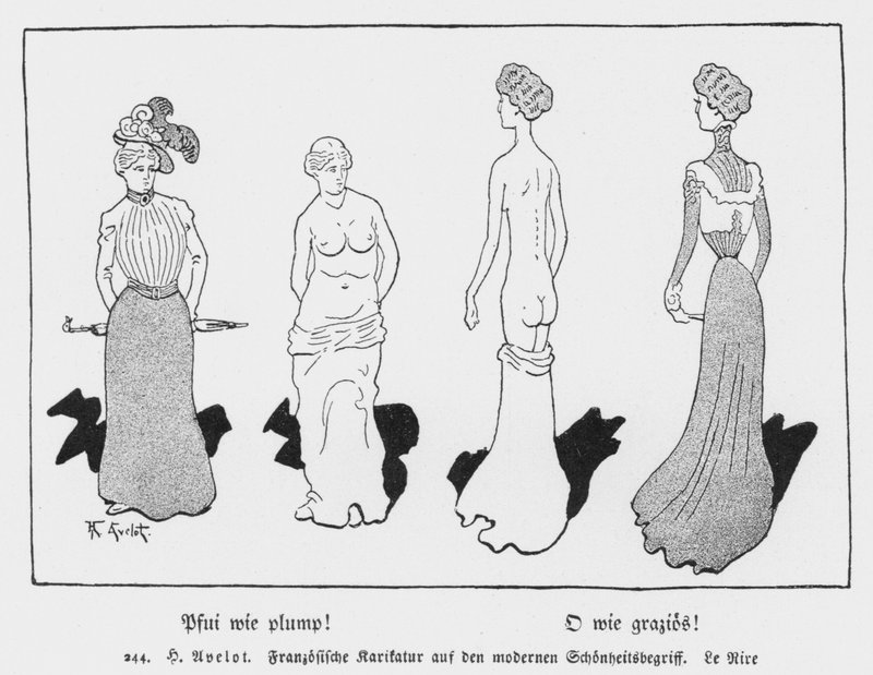 Puh, kuinka pullea! Oi, kuinka graceful!, ranskalainen sarjakuva Le Riresta modernista kauneuden käsitteestä (litho) tekijältä Henri Avelot