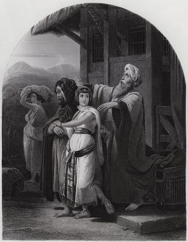Rebekan lähtö (kaiverrus) tekijältä Henri Frederic (after) Schopin