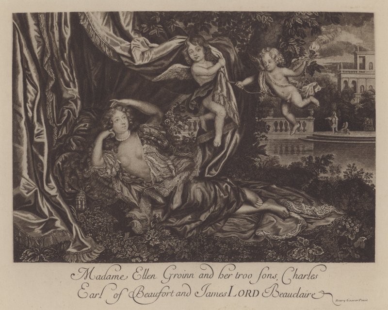Nell Gwyn ja hänen kaksi poikaansa, Charles, Earl of Burford, ja James, Lord Beauclerk (kaiverrus) tekijältä Henri Gascar