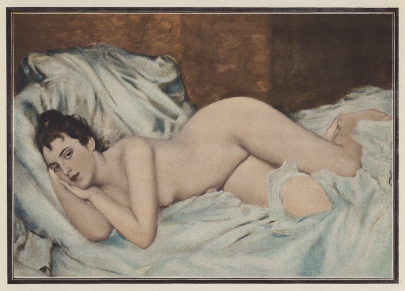 Alaston nainen sängyllä (väri litho) tekijältä Henri Lucien (after) Doucet